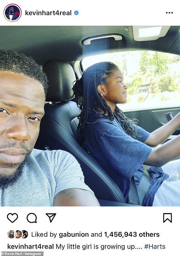 'My little girl is growing up': Kevin Hart shared this selfie to his Instagram on Monday showing his daughter Heaven, 16 behind the wheel as he gave the teen a driving lesson